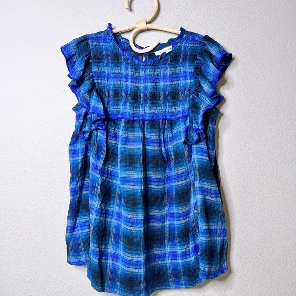 Lori Plaid Flutter Sleeve Babydoll Blouse In Lake Front by beachlunchlounge - Picture 9 of 13